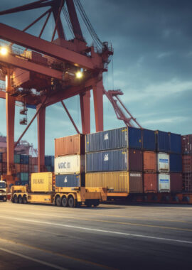 Logistics and transportation of Container Cargo ship and Cargo plane with working crane bridge in shipyard at sunrise, logistic import export and transport industry background.