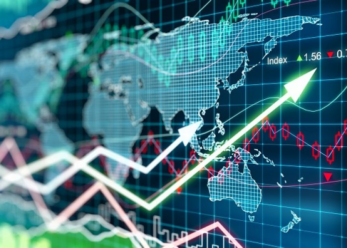 Business chart with glowing arrows and world map Business chart with glowing arrows and world map